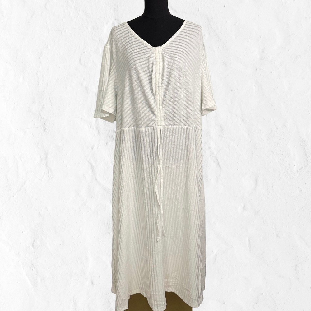 LALAGEN Midi Dress Women 4XL White NEW Textured Cinched V-Neck Short Sleeve